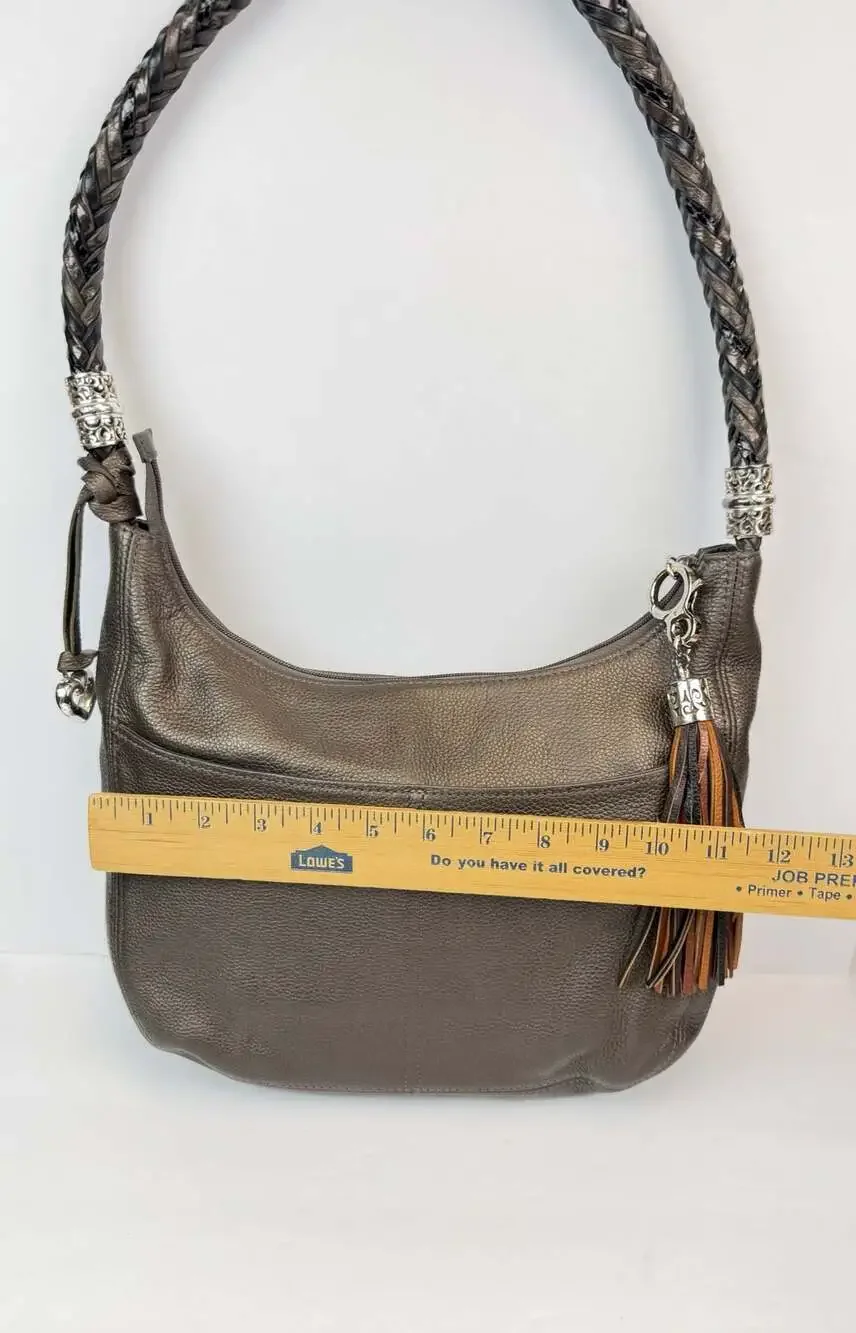 Brighton Barbados Ziptop Hobo Metallic Pewter Leather Bag